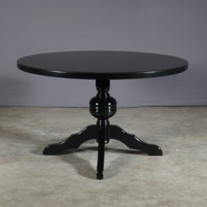 Vintage eetkamerset - zwarte ronde tafel - 5 schaapslederen fauteuils