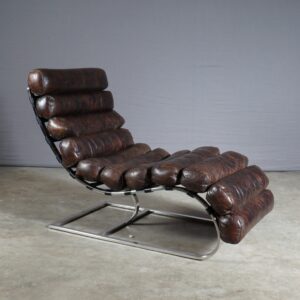 Vintage bruin lederen loungefauteuil met glanzend rvs onderstel