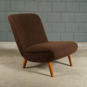 Vintage lage loungefauteuil - bruin stof - jaren 60