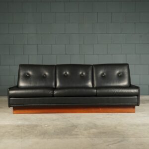 Midcentury zwart lederen bank - houten frame - jaren 60