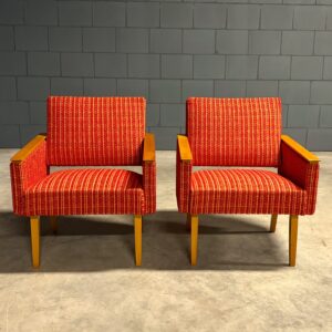 Set vintage loungefauteuils - rood/oranje stof - jaren 70