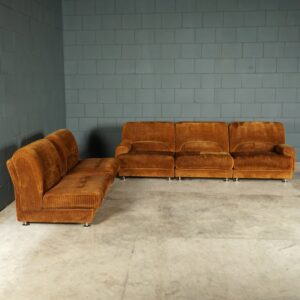 Midcentury modulaire bank - bruine ribstof - jaren 70