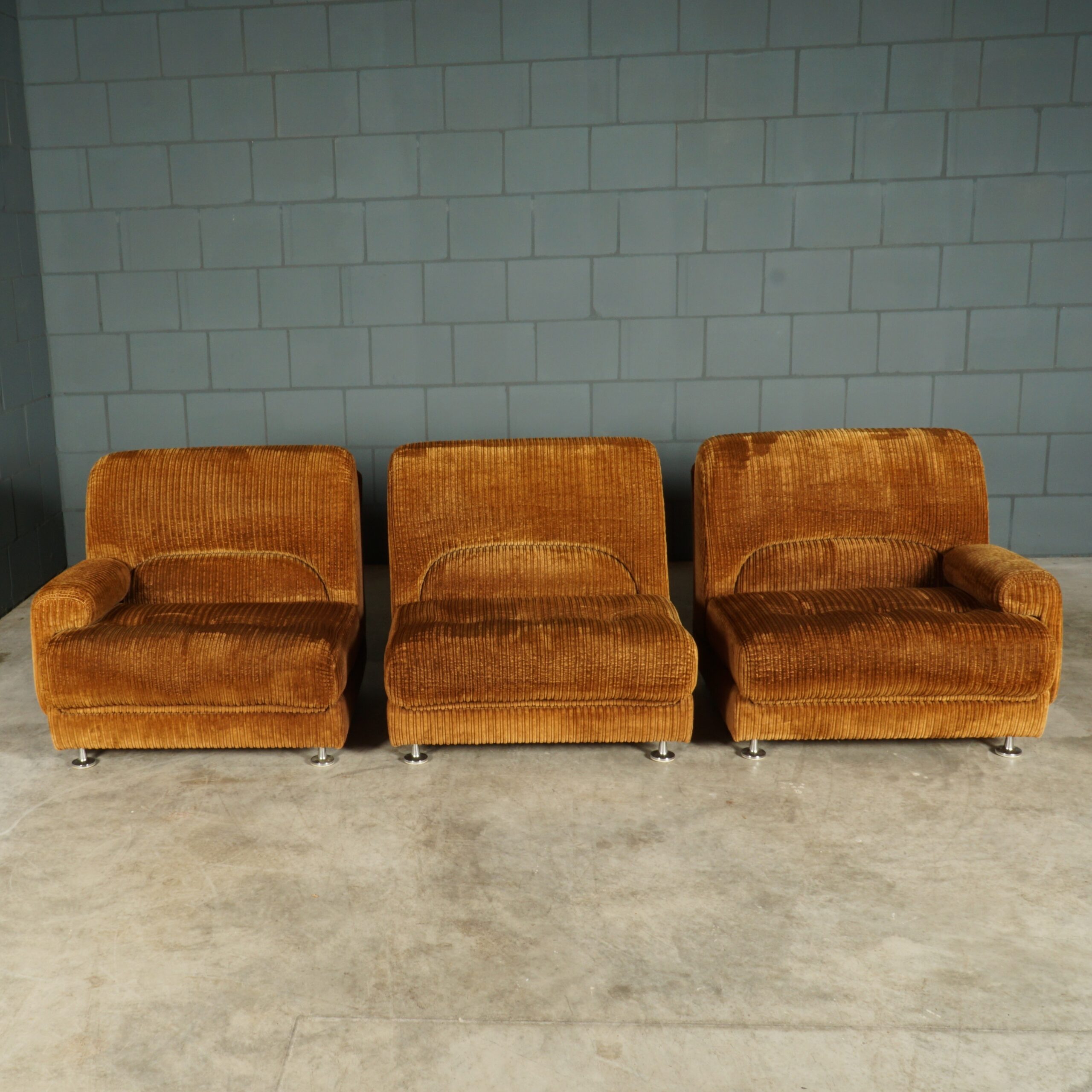 Midcentury modulaire bank - bruine ribstof - jaren 70