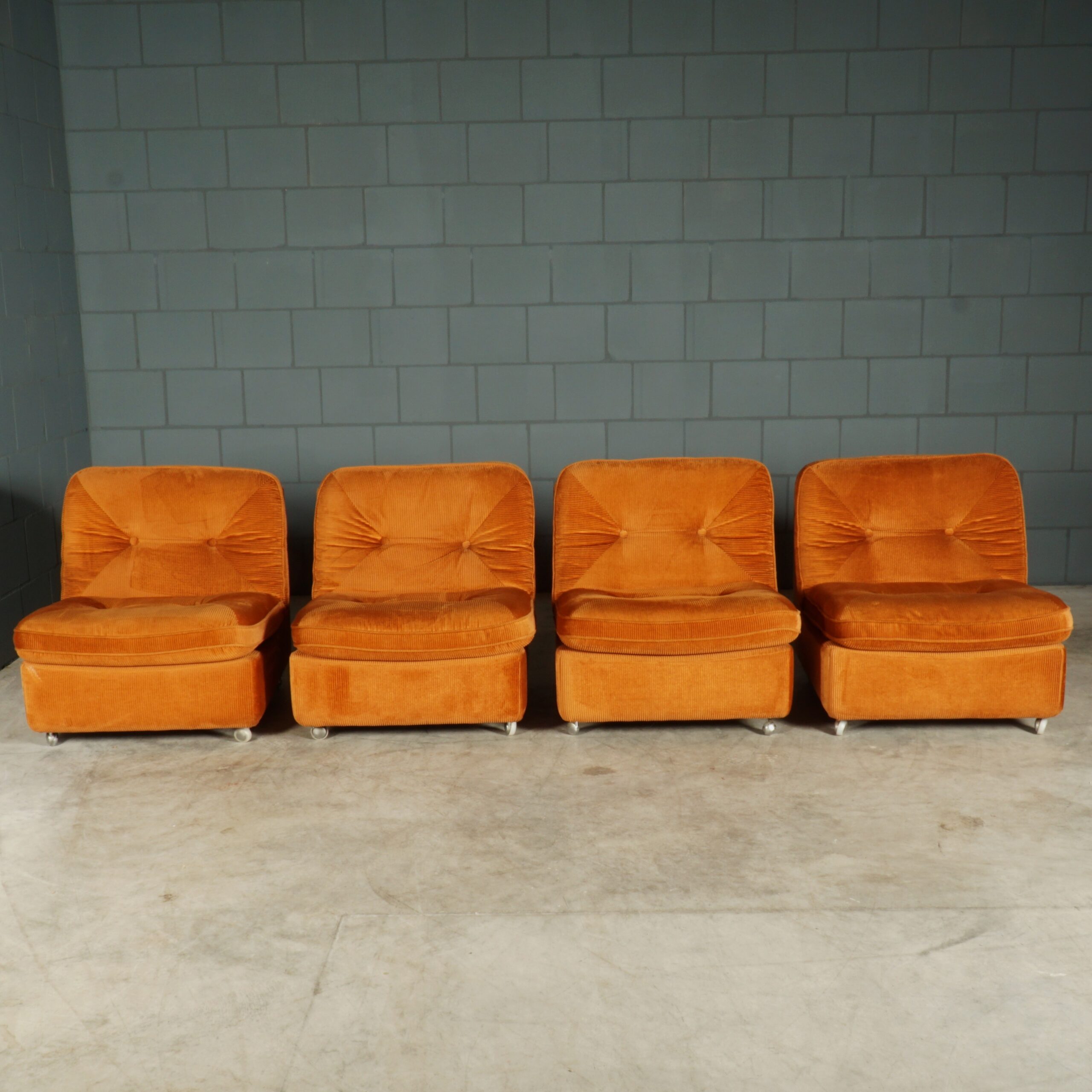 Midcentury modulaire zithoek/zitgroep - velours oranje - jaren 70