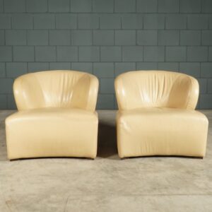 Set vintage lederen fauteuis - beige